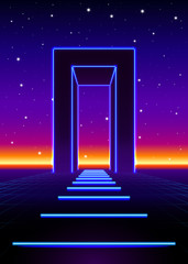 Neon 80s styled massive gate in retro game landscape with shiny road to the future