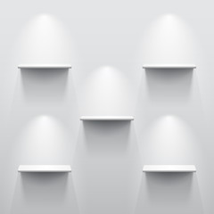 Five shelves with shadow in empty white room
