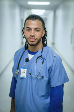 Portrait of male nurse standing in hospital corridor