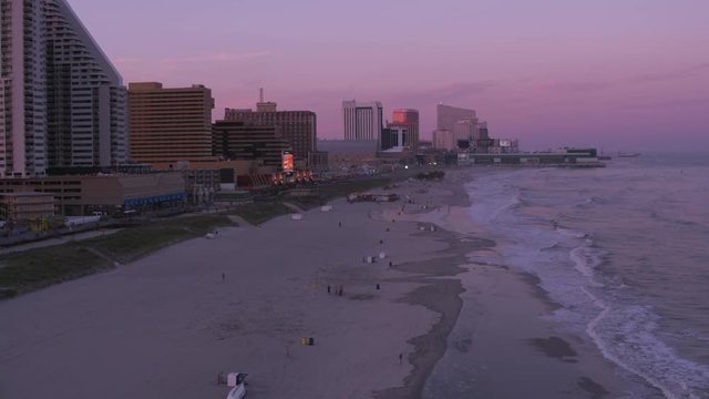 Atlantic City, New Jersey circa-2017, Flying up Atlantic City shoreline at sunset.  Shot with Cineflex and RED Epic-W Helium. 
