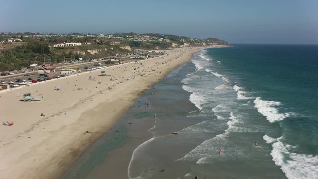 Malibu, California circa-2017, Aerial shot of Malibu beach and Pacific Ocean.  Shot with Cineflex and RED Epic-W Helium. 