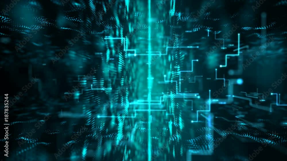 Poster 4k animation 3d abstract dark background moving dot and line metaphor cyber futuristic data transfer