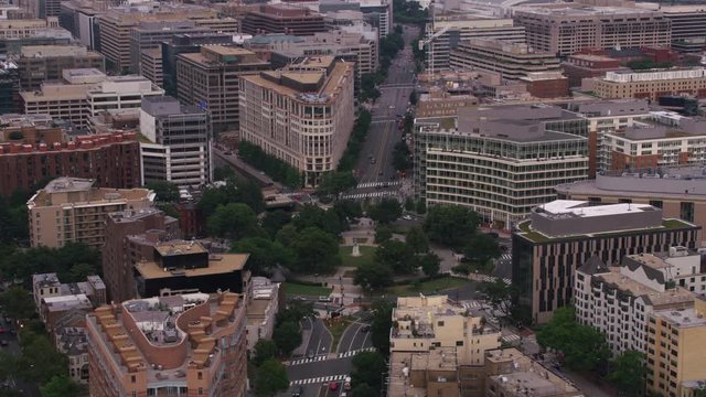 Washington, D.C. circa-2017, Aerial view of Washington Circle with statue of George Washington.  Shot with Cineflex and RED Epic-W Helium. 