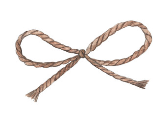 Watercolor hand drawn background with the bow-knot of the linen rope. Twine. Isolated illustration on white background.
