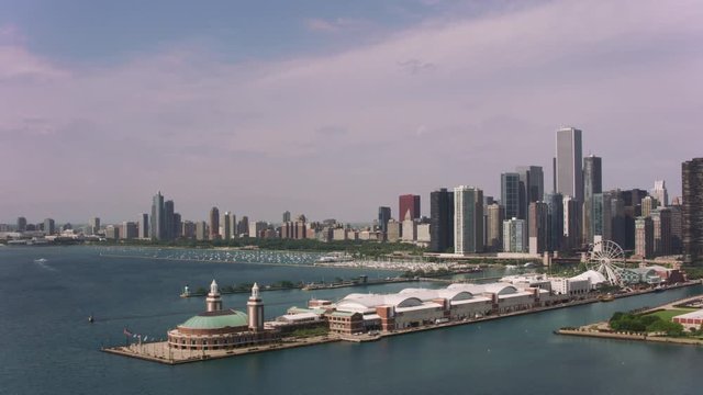 Aerial shot of Navy Pier and downtown Chicago