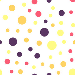 Colorful polka dots seamless pattern on black 25 background. Pretty classic colorful polka dots textile pattern. Seamless scattered confetti fall chaotic decor. Abstract vector illustration.