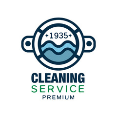 Original vector logo design for cleaning service or company with round door of washing machine. Linear symbol with blue fill. Simple icon in flat style