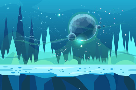 Seamless cartoon vector landscape for game. Ice desert concept illustration with planet. Vector illustration for your design.Ready for parallax effect.