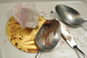 Empty dish with spoon and fork after eating. Top view of empty plate, dirty after the meal is finished, food safety healthy concept