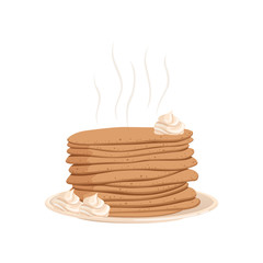 Stack of hot pancakes with whipped cream on plate. Dessert food concept. Cartoon flat vector design for cafe menu, book, flyer or poster