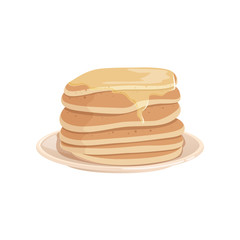 Pile of delicious pancakes topped with honey or maple syrup on plate. Tasty fast food dessert. Colorful flat vector design for menu or recipe book