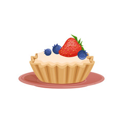 Tartelette with vanilla cream, decorated with fresh strawberry and blueberry. Sweet and tasty dessert. Flat vector design for pastry shop, recipe book or menu