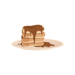 Plate with stack of lush fritters or pancakes covered with chocolate. Delicious breakfast concept. Colorful flat vector design for menu, flyer or poster