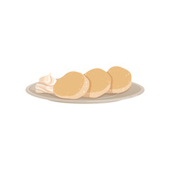 Three lush fritters with whipped cream on a plate. Fast food, breakfast concept. Flat vector design for recipe book, menu, cafe poster or flyer