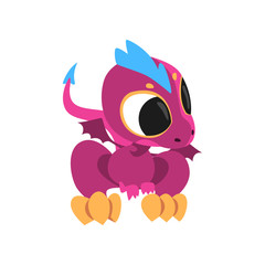 Cartoon baby dragon with big eyes, little wings and long tail. Fantastic creature character of children's fairy tale. Flat vector design for mobile game, sticker or book