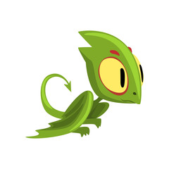 Funny green dragon with big eyes, head and long tail. Cartoon character of mythical creature. Flat vector design element for children's mobile or computer game