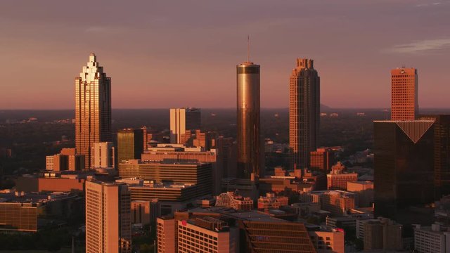 Aerial shot of downtown Atlanta at sunset