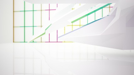 Abstract white and colored gradient glasses interior multilevel public space with window. 3D illustration and rendering.