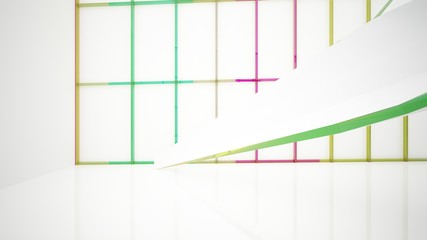 Abstract white and colored gradient glasses interior multilevel public space with window. 3D illustration and rendering.