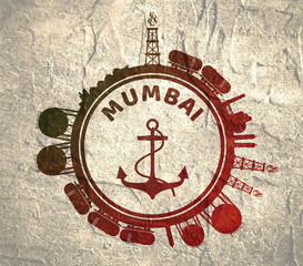 Circle with cargo theme relative silhouettes. Design set of natural gas logistic. Objects located around circle with anchor in the center of them. Mumbai port name. Grunge texture