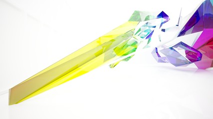 Abstract white and colored gradient glasses interior multilevel public space with window. 3D illustration and rendering.