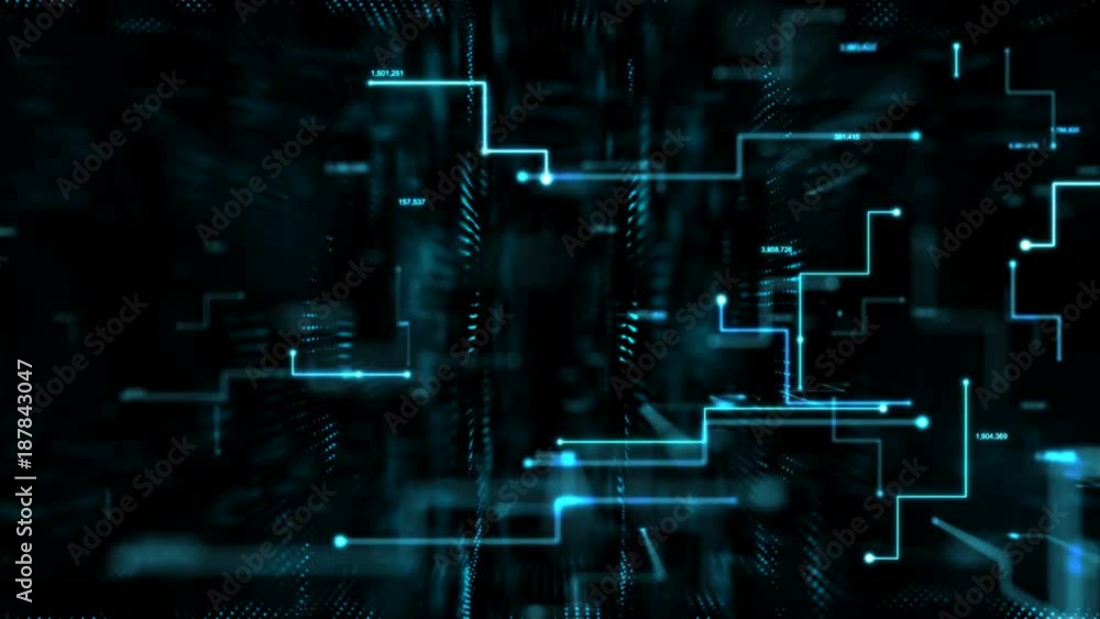 Poster 4k animation 3d abstract dark background moving dot and line metaphor cyber futuristic data transfer