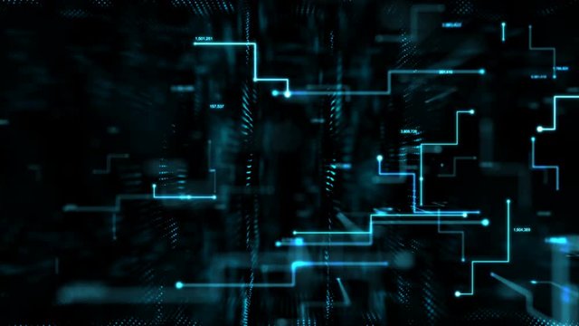 4K Animation 3D abstract dark background moving dot and line metaphor cyber futuristic data transfer network connection concept with grain processed