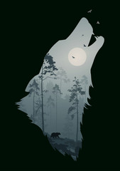 silhouette of the head of the howling wolf. Inside it is a night forest with a bear and birds. Vector illustration, dark background, isolated object - obrazy, fototapety, plakaty