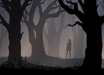 girl with a gun in the forest, vector illustration