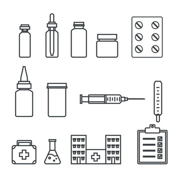  Medical  linear icons set. Medicines, pills, hospital, syringe, thermometer.  Vector illlustration.