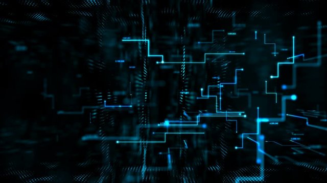 4K Animation 3D abstract dark background moving dot and line metaphor cyber futuristic data transfer network connection concept with grain processed