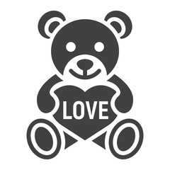 Teddy bear with heart glyph icon, valentines day and romantic, toy sign vector graphics, a solid pattern on a white background, eps 10.