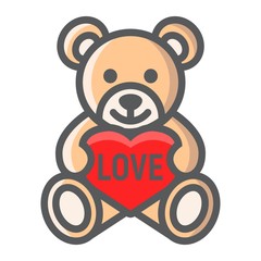 Teddy bear with heart filled outline icon, valentines day and romantic, toy sign vector graphics, a colorful line pattern on a white background, eps 10.