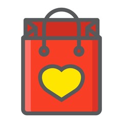 Shopping bag with heart filled outline icon, valentines day and romantic, gift sign vector graphics, a colorful line pattern on a white background, eps 10.