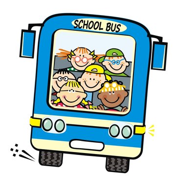 Blue bus and kids, school bus, vector humorous illustration
