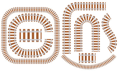 Set of railroad tracks with sleepers of various shapes. Vector illustration of wagon tracks on white background