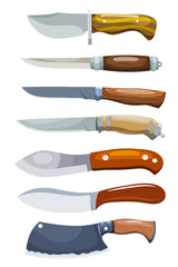 Set of knives on white background. Vector illustration of a cartoon style hunting knives