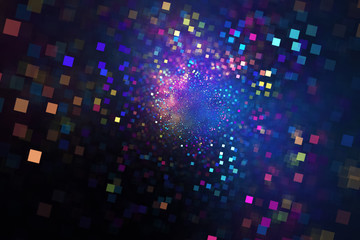 Abstract glittering texture with pink, blue and orange squares. Fantasy fractal design. Digital art. 3D rendering.