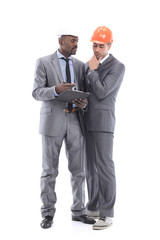 Dark master of construction isolated on white background