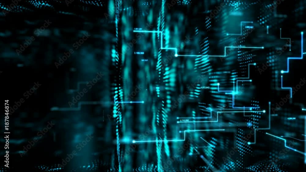 Poster 4k animation 3d abstract dark background moving dot and line metaphor cyber futuristic data transfer