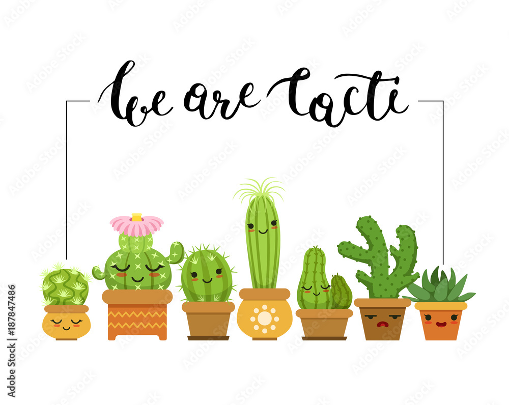 Poster vector horizontal illustration with frame and a bunch of cacti in pots