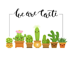 Vector horizontal illustration with frame and a bunch of cacti in pots © ONYXprj