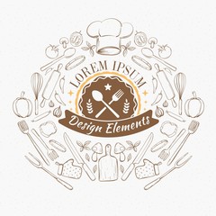 Great collection of hand-drawn chef items. Hand drawn Kitchen elements collection. Kitchen appliances and tools. Vector Illustration with funny cooking symbols.