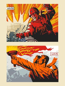 Propaganda and war poster set in colorful vector illustration painting