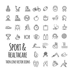 Sports, sports equipment, healthy lifestyle icons set