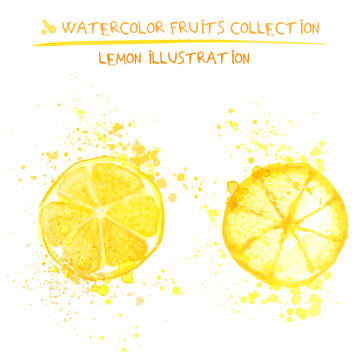 Set of watercolor lemon vector illustration. Splashed hand draw lemons isolated on white background, art vector citrus objects. Lemonade element