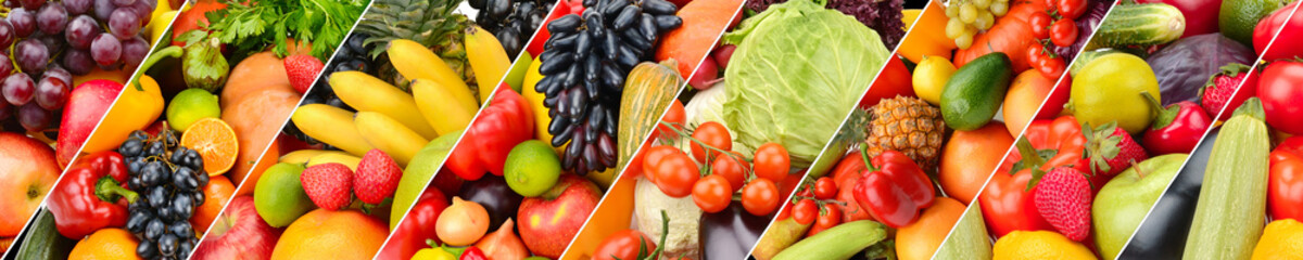 Panoramic collection fruits and vegetables background. Collage. Wide photo .