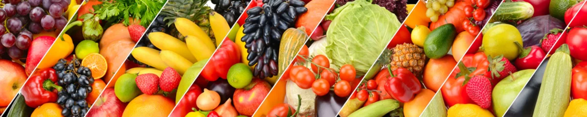Foto op Aluminium Panoramic collection fruits and vegetables background. Collage. Wide photo . © alinamd
