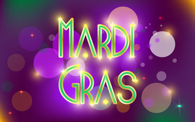 Purple Mardi Gras celebration banner or greeting card with flying golden and white confetti, some are out of focus. Vector illustration. EPS 10.
