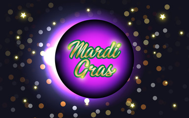Purple Mardi Gras celebration banner or greeting card with flying golden and white confetti, some are out of focus. Vector illustration. EPS 10.